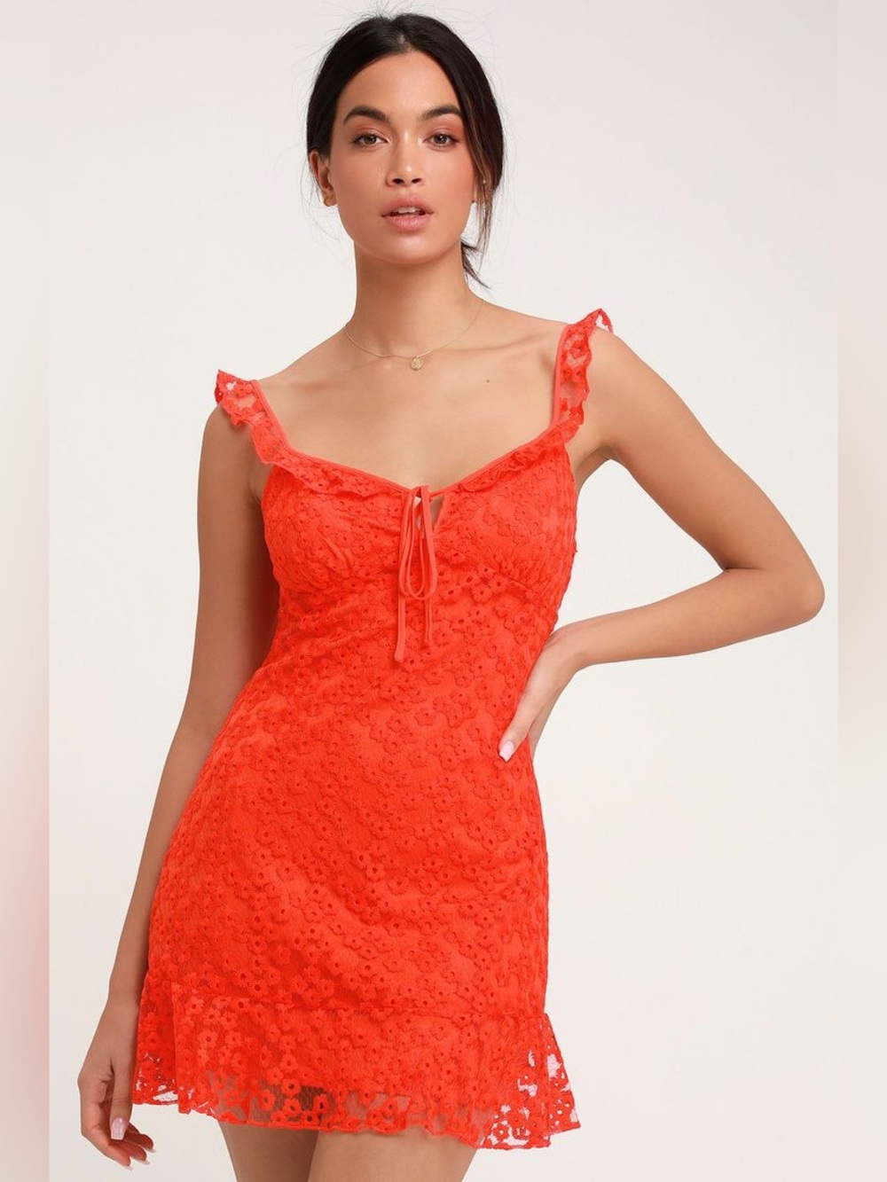 NWT Lulus Charmaine Red Orange Embroidered Mini Dress